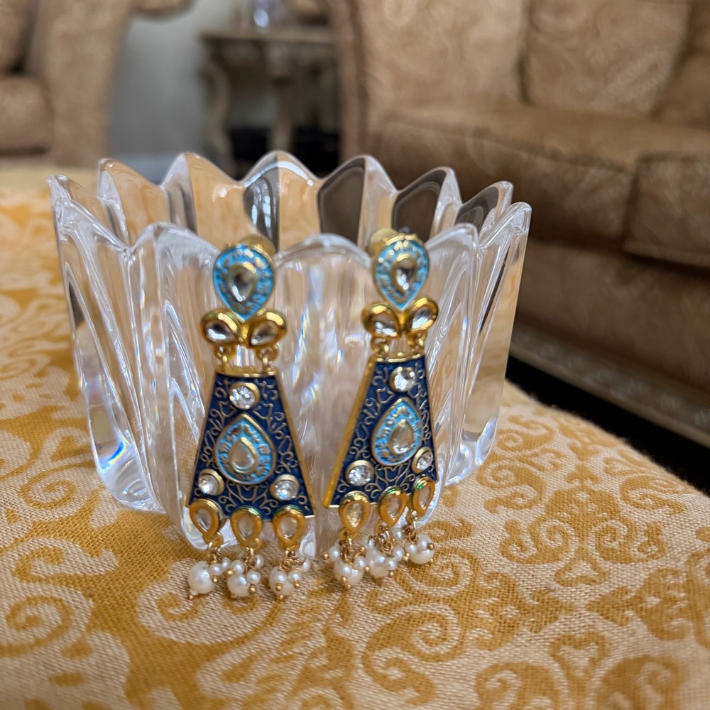JAIPUR Blue and Gold Pearl Drop Earrings - Elegant Women's Jewelry